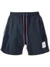 Thom Browne Swim Shorts With Elastic Waist And Tricolor Bands In Blue
