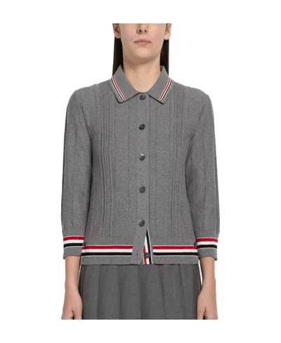Thom Browne Rwb Trim Cable-knit Cardigan In Gray