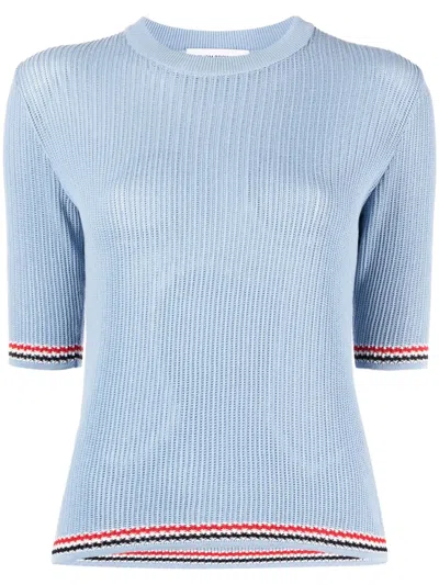 Thom Browne Rwb-trim Pointelle-knit Top In Blue