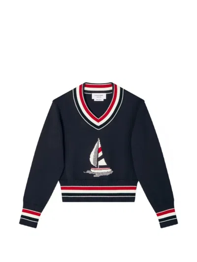 Thom Browne Kids' Sailboat Intarsia Sweatshirt In Black