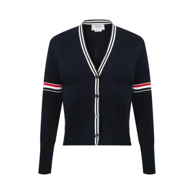 Pre-owned Thom Browne Sailboat Jacquard V-neck Cardigan 'navy' | Blue | Women's Size 42