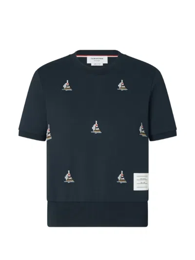 Thom Browne Sailboat-embroidered Milano-rib T-shirt In Blue
