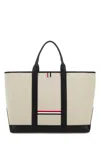 Thom Browne Sand Canvas Medium Rwb-stripe Shopping Bag In Neutral