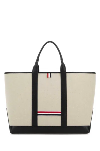 Thom Browne Sand Canvas Medium Rwb-stripe Shopping Bag In Neutral