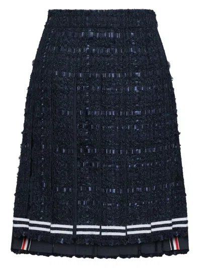 Thom Browne Satin Ribbon Frayed Pleated Midi Skirt In Blue