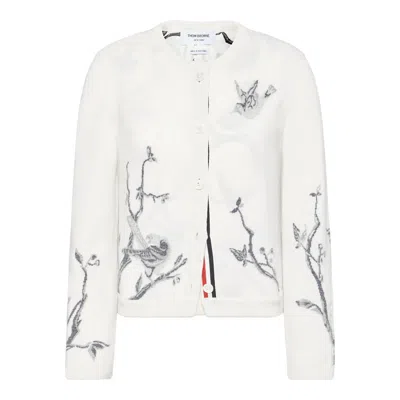 Thom Browne Scenic Birds Intarsia Cashmere Cardigan In White