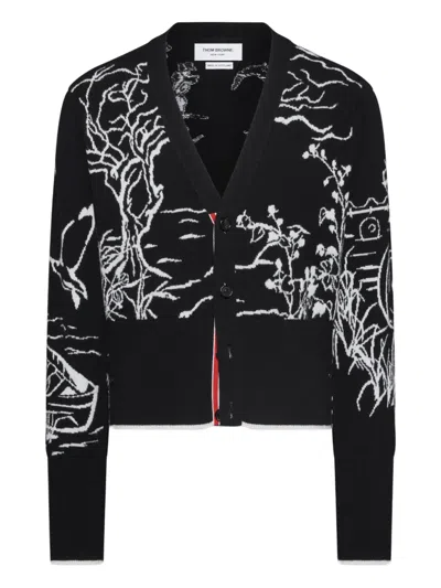 Thom Browne Scenic Intarsia Cardigan In Black