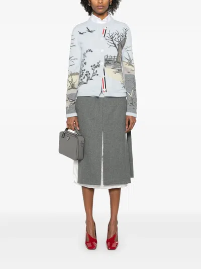 Thom Browne Scenic Intarsia Silk Twill Cashmere Cardigan Women In White
