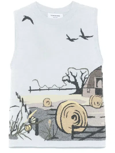 Thom Browne Seasonal Scenic-intarsia Cashmere Vest In Blue