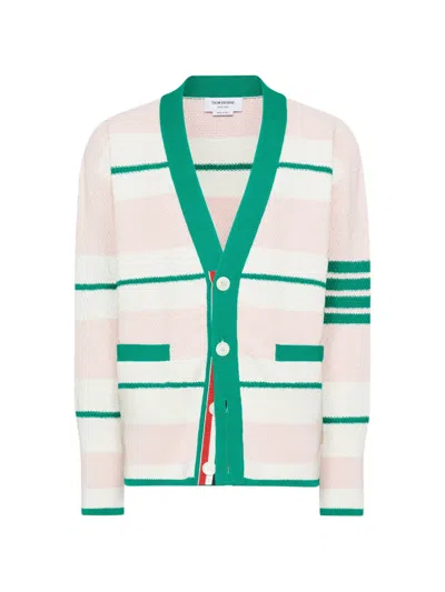 Thom Browne Seed Stitch 4-bar Striped Cardigan In White