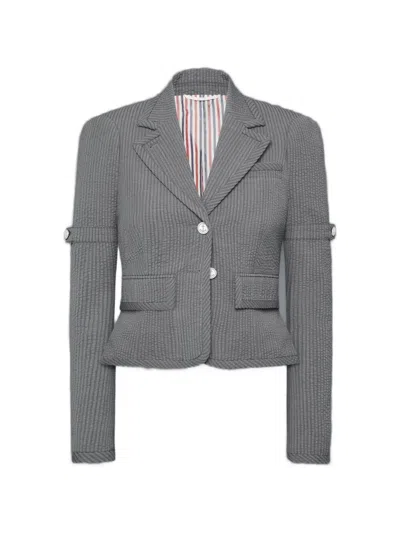 Thom Browne Seersucker Cropped Blazer In Gray