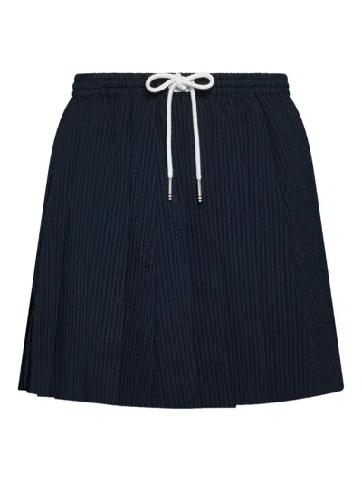 Thom Browne Flared Pleated Mini Skirt In Textured Seersucker Wool In Black