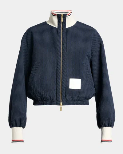 Thom Browne Seersucker Drawstring Track Jacket In Blue