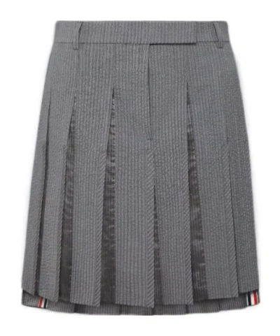 Thom Browne Seersucker Pleated Mini Skirt In Gray