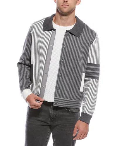 Thom Browne Seersucker Polo Collar Bomber Jacket In Grey