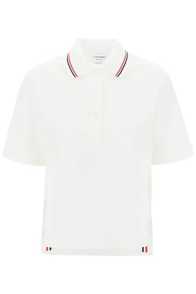 Thom Browne Womens White Striped-trim Seersucker-texture Cotton Polo Shirt
