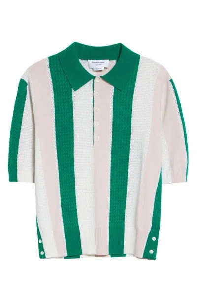 Thom Browne Shadow Stripe Mixed Stitch Short Sleeve Cashmere Polo Sweater In Neutral