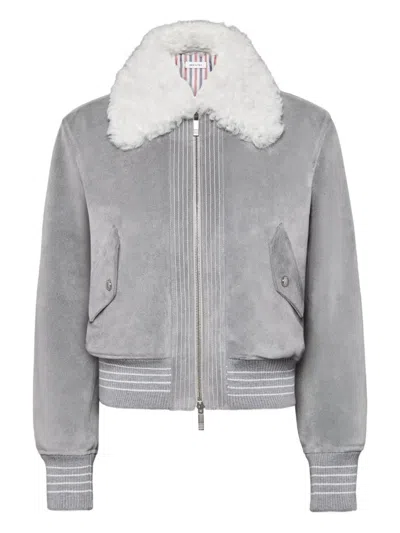 Thom Browne Suede Cropped Flight Jacket Shearling Collar In Gray