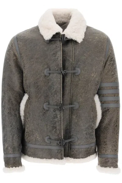 Thom Browne Shearling Cropped Montgomery Jacket In Grey