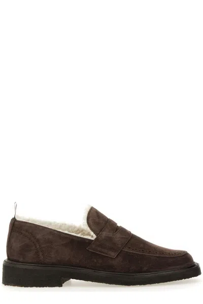 Thom Browne Shearling-lining Suede Penny Loafer In Brown