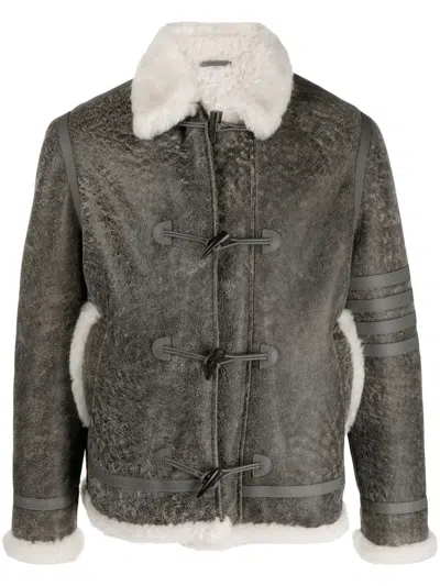 Thom Browne Brown Shearling-collared Leather Jacket In Gray