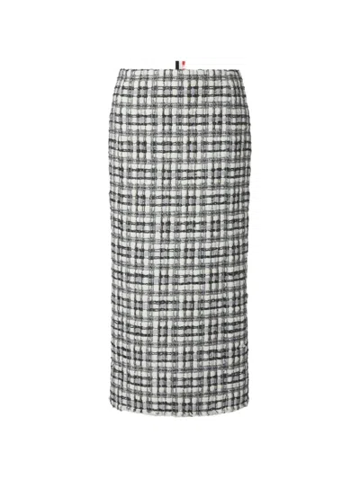Thom Browne Sheer Organza Ribbon Tweed Pencil Skirt With Fray Edge In Multi