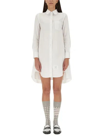 Thom Browne Classic Shirt Midi Dress With Curved Hem And Branded Detail In White