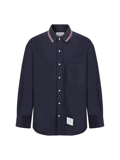 Thom Browne Oversized Cotton Flannel Shirt With Iconic Detail In Blue