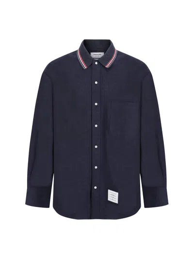 Thom Browne Oversized Cotton Flannel Shirt With Iconic Detail In Blue