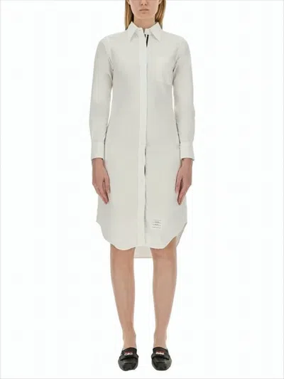 Thom Browne Shirt Silhouette Midi Dress With Curved Hem And Logo Detail In White