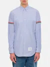 Thom Browne Button-down Cotton Shirt With Grosgrain Detailing And Logo Patch In Blue