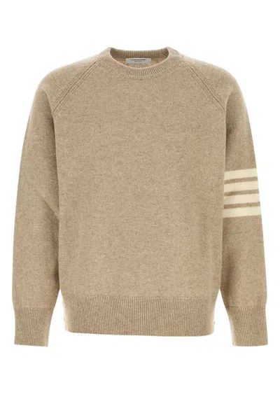 Thom Browne Wool Sweater With Button Detail And Stripes In Neutral