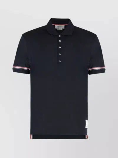 Thom Browne Short Sleeve Cotton Pique Polo Shirt In Blue