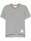 Thom Browne Short-sleeve Cotton T-shirt With Striped Neckline And Snap Hem In Gray