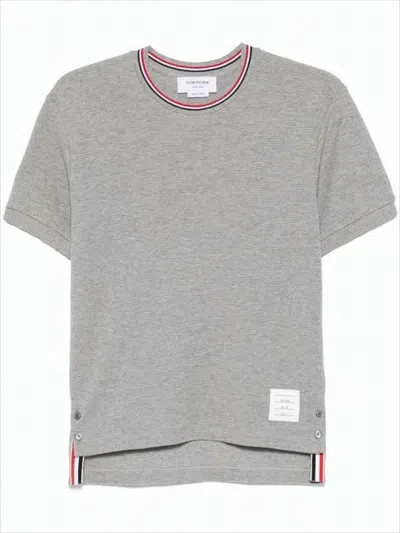 Thom Browne Short-sleeve Cotton T-shirt With Striped Neckline And Snap Hem In Gray