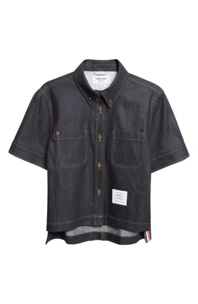 Thom Browne Short Sleeve Denim Button-down Shirt In Blue