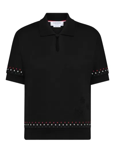 Thom Browne Short Sleeve Dolman Keyhole Polo In Black