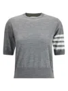 Thom Browne Short-sleeve Crewneck Sweater With Four-bar Detail In Gray