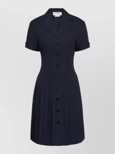 Thom Browne Short Sleeve Lapel Collar Pleated Dress In Blue