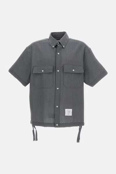 Thom Browne Gray Wool Short-sleeve Oversize Shirt In Green