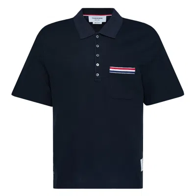 Thom Browne Textured Cotton Linen Rwb Embroidery Polo In Blue