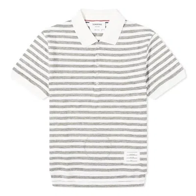 Thom Browne Short Sleeve Polo In Striped Linen Jersey In Grey