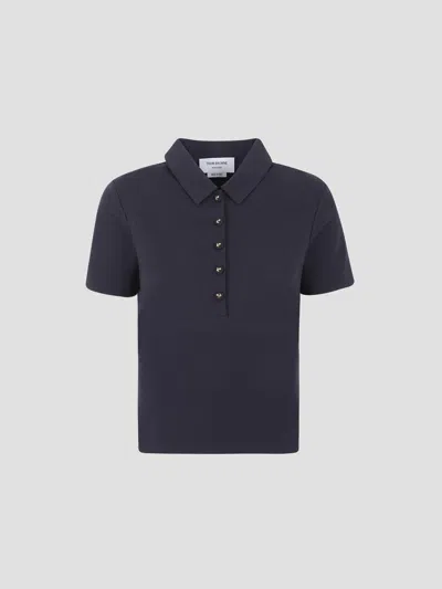 Thom Browne Short Sleeve Polo W/broad Buttons In Blue