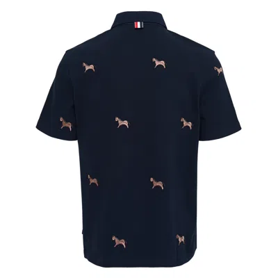 Thom Browne Short Sleeve Polo With Horse In Blue