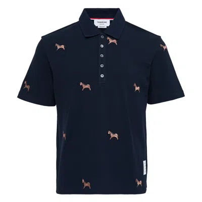 Thom Browne Short Sleeve Polo With Horse In Blue