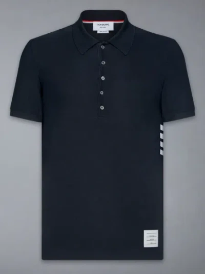 Thom Browne Short Sleeve Rib Cuff Polo W/ Engineered 4 Bar Stripe In Classic Pique In Blue