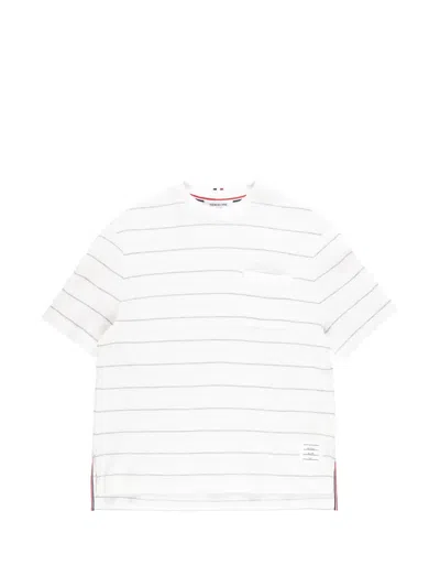 Thom Browne Short Sleeve Tee In Textured Stripe Waffle In White