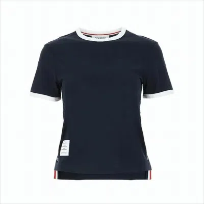 Thom Browne Short-sleeved Black T-shirt With Contrasting Trim In Blue