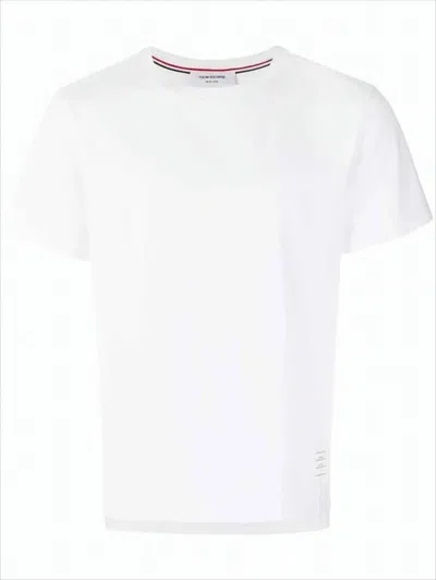 Thom Browne Short-sleeved Cotton T-shirt With Signature Stripe Detail In White