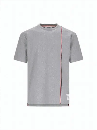 Thom Browne Short-sleeved Crew Neck Cotton T-shirt With Tricolor Stripe In Gray